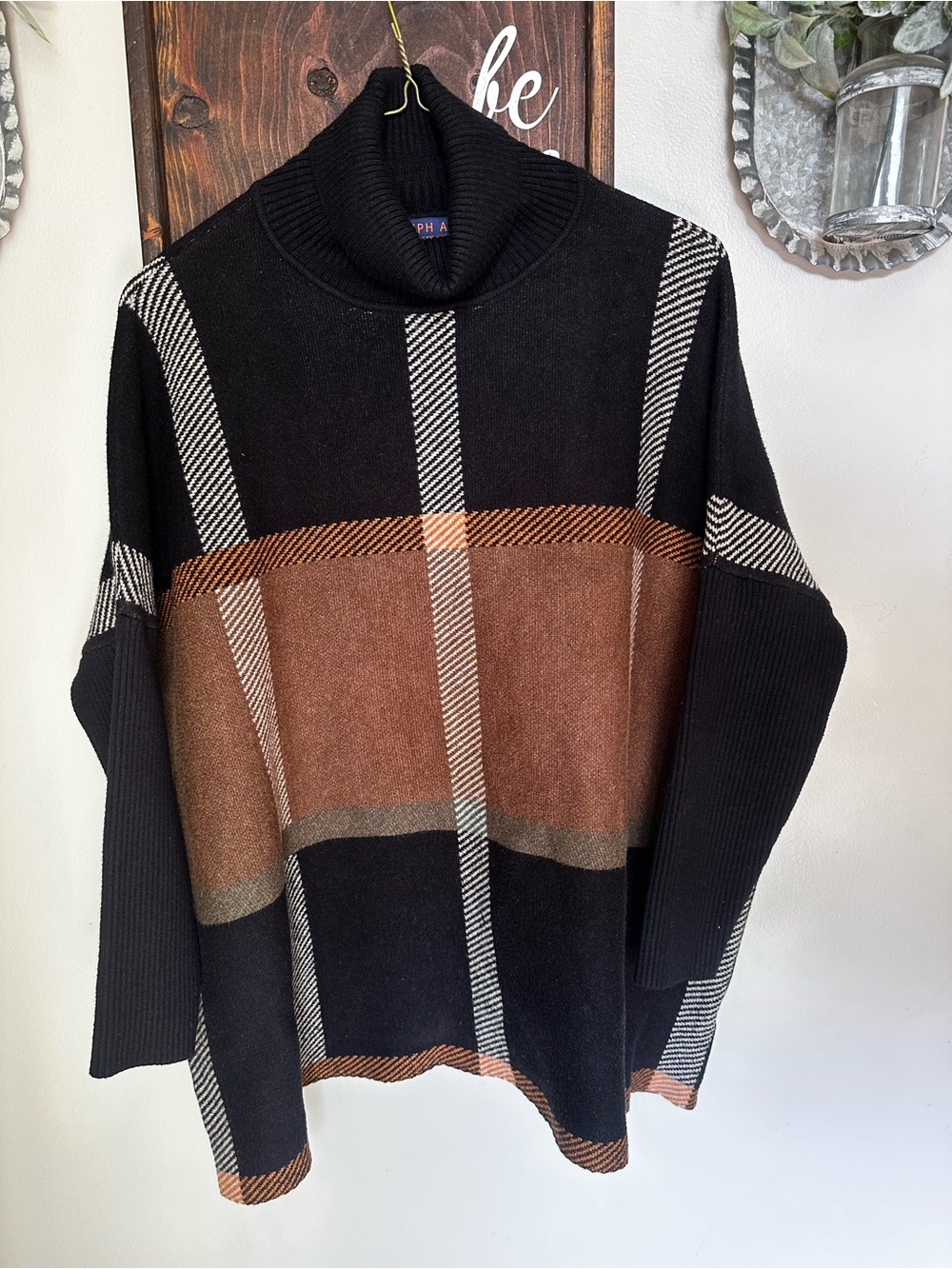 Joseph A. Black & Brown Turtleneck Plaid Oversized Sweater